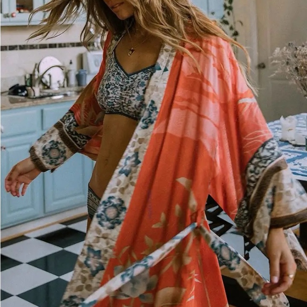 454. LAST 1! bohemian retro red orange blue look red blue maxi kimono long - Picture 2 of 4
